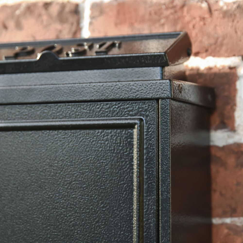 Close up view of the galvanised steel post box 