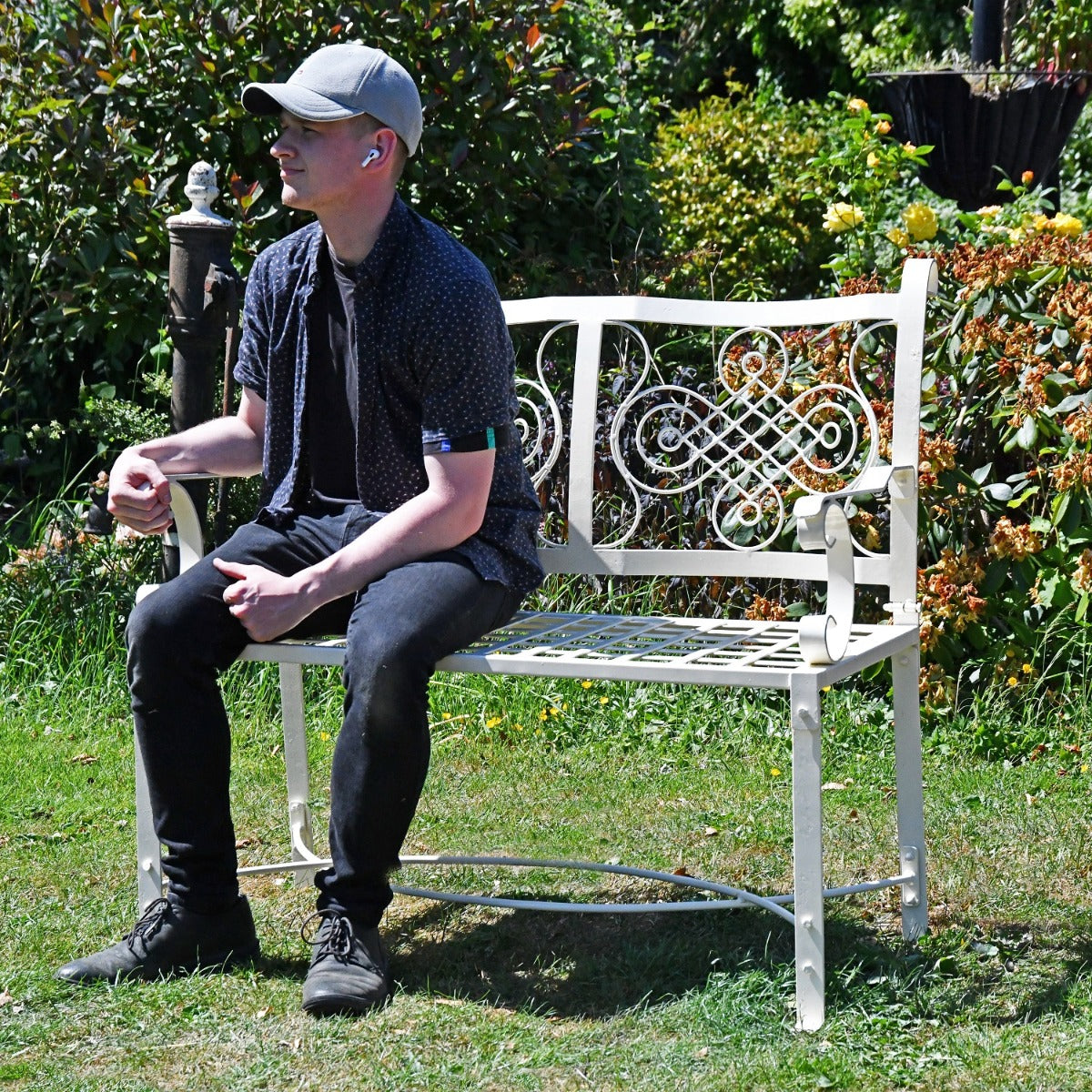 The Devonshire Garden Bench with Male for scale 