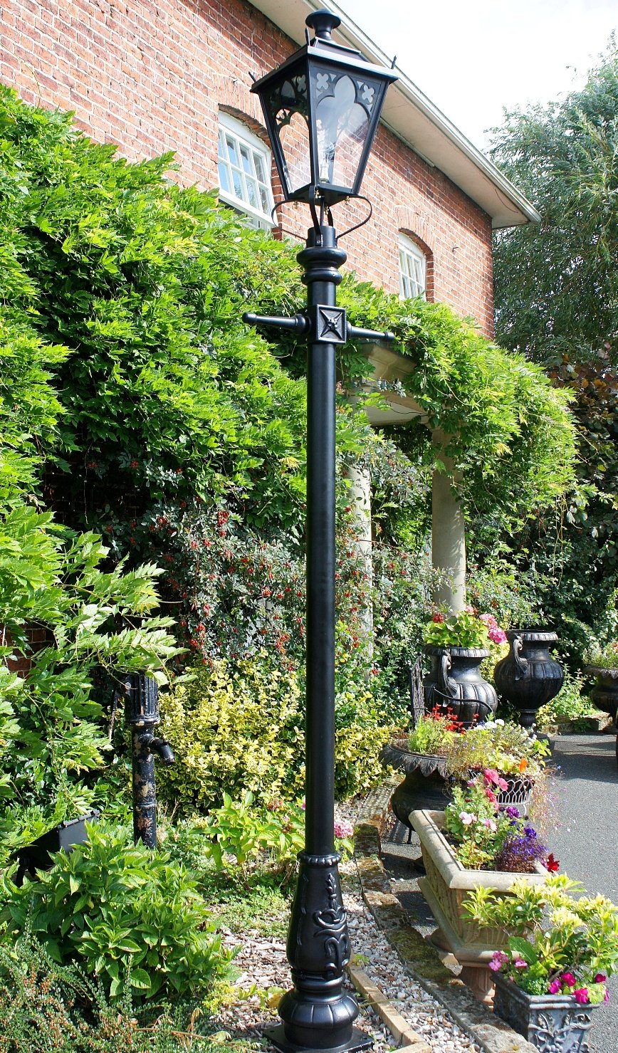 Garden feature lamp post with gothic lantern