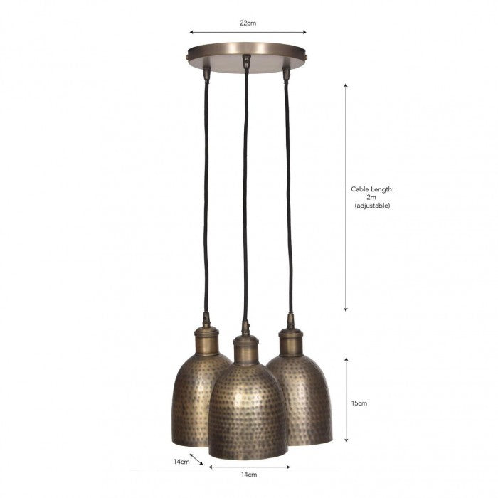 Hammered Brass Set of Three Hanging Pendant Lights by Garden Trading With Dimensions