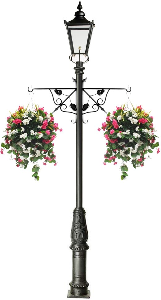 Hanging basket post with light