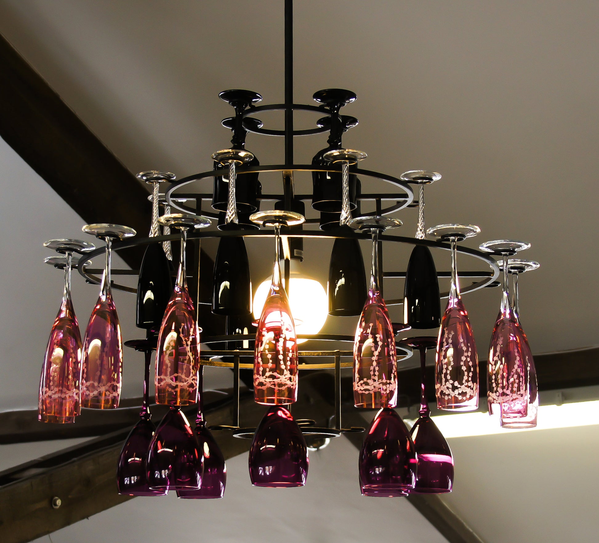 Hanging wine glass chandelier