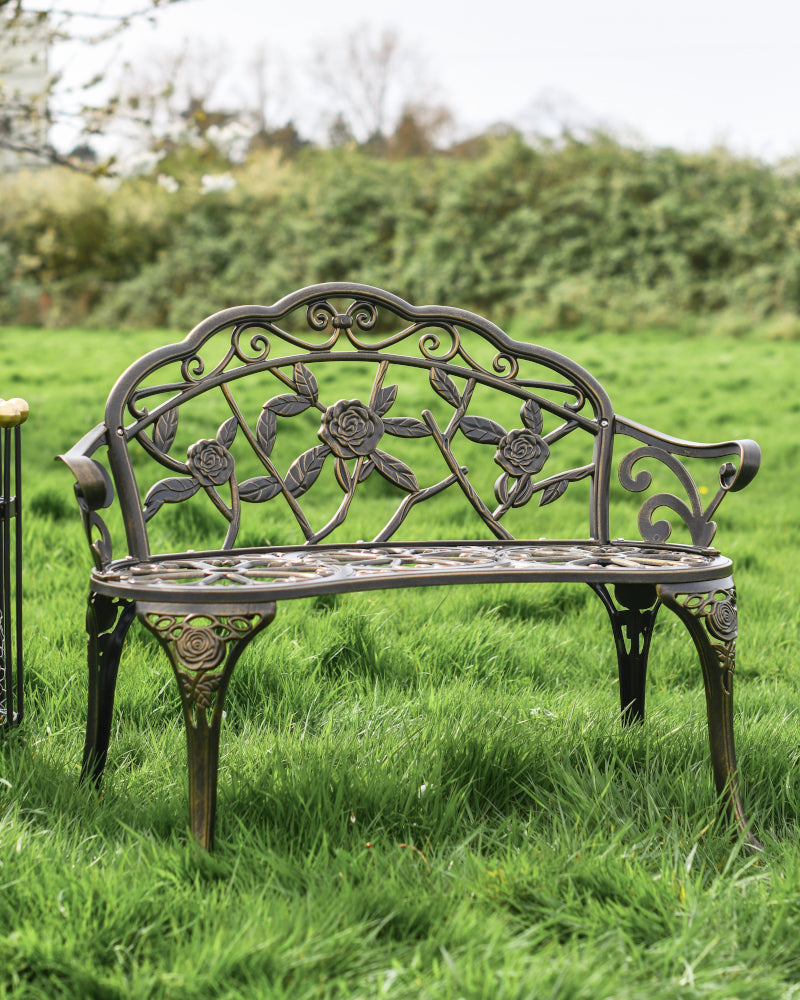 'Haslingfield' Two Seater Bronze Bench in situ
