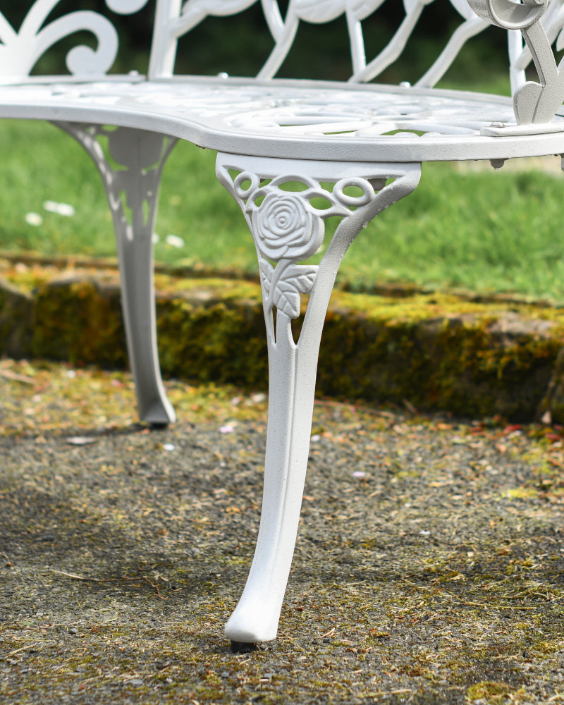 Angled view of the floral bench leg
