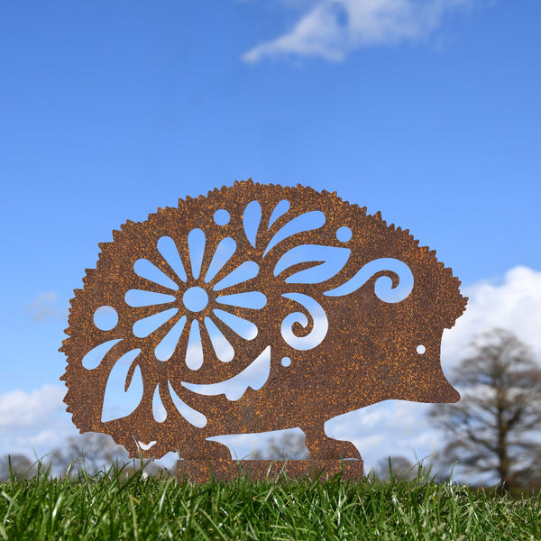 Floral Hedgehog Garden Sheet Steel Silhouette In Rustic