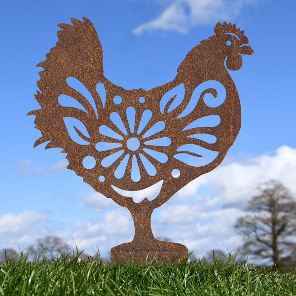 Flower Hen Garden Sheet Steel Silhouette In Rustic