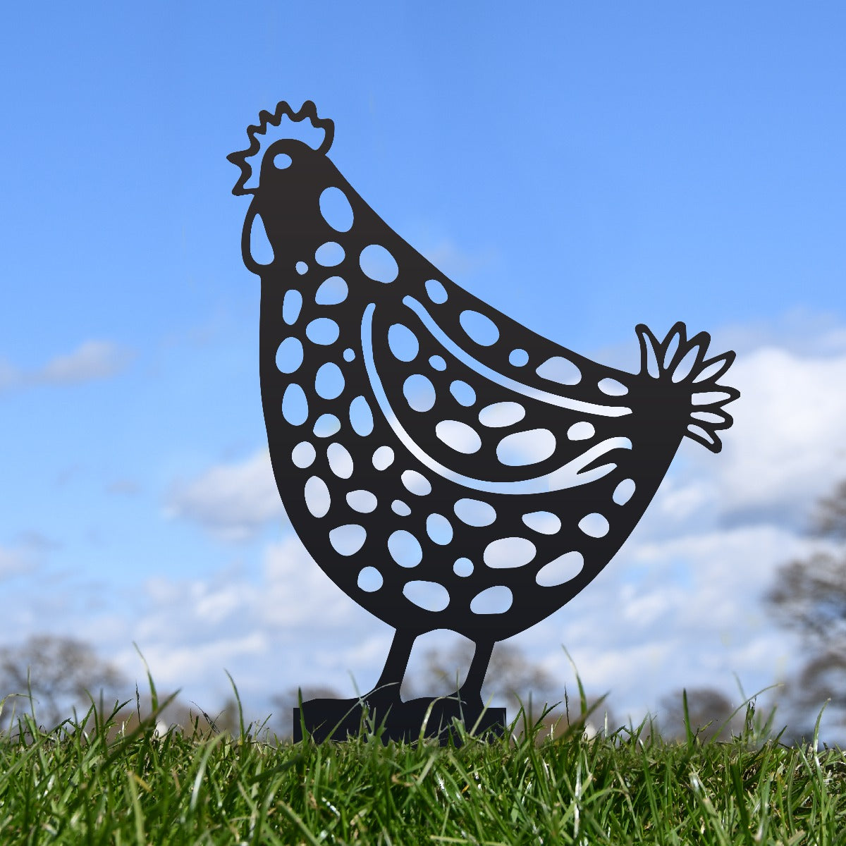 Spotted Hen Garden Sheet Steel Spike Sculpture In Black