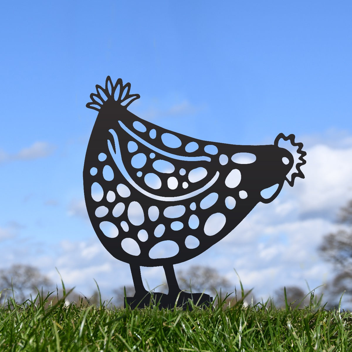 Pecking Hen Garden Sheet Steel Spike Sculpture In Black