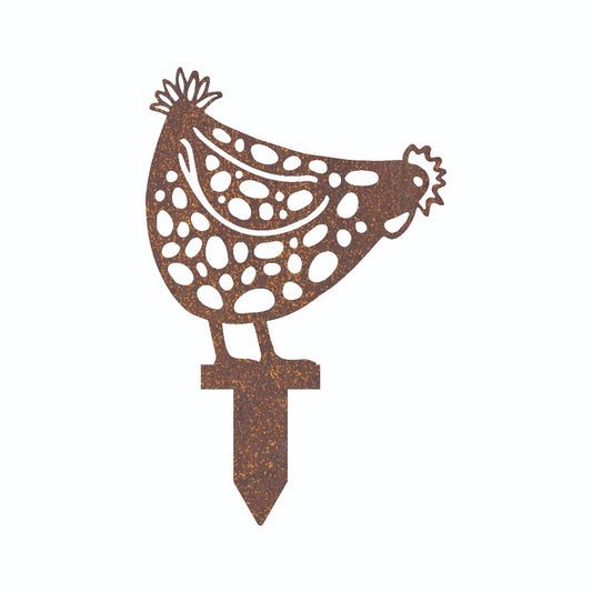 Pecking Hen Garden Sheet Steel Spike Sculpture In Rustic