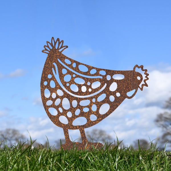 Pecking Hen Garden Sheet Steel Spike Sculpture In Rustic