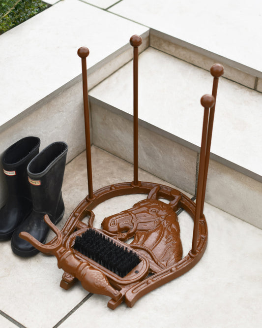 Rustic boot stand and cleaner
