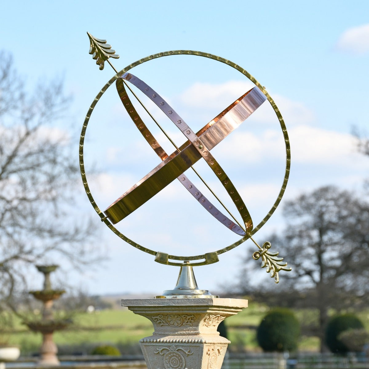 Fletched Arrow Brass & Copper Armillary Sphere on Column 