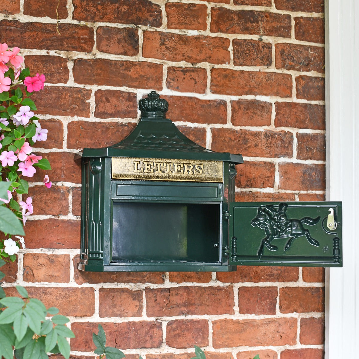 Lockable Front Opening Door on the "Huntley" Dark Green Wall Mounted Post Box