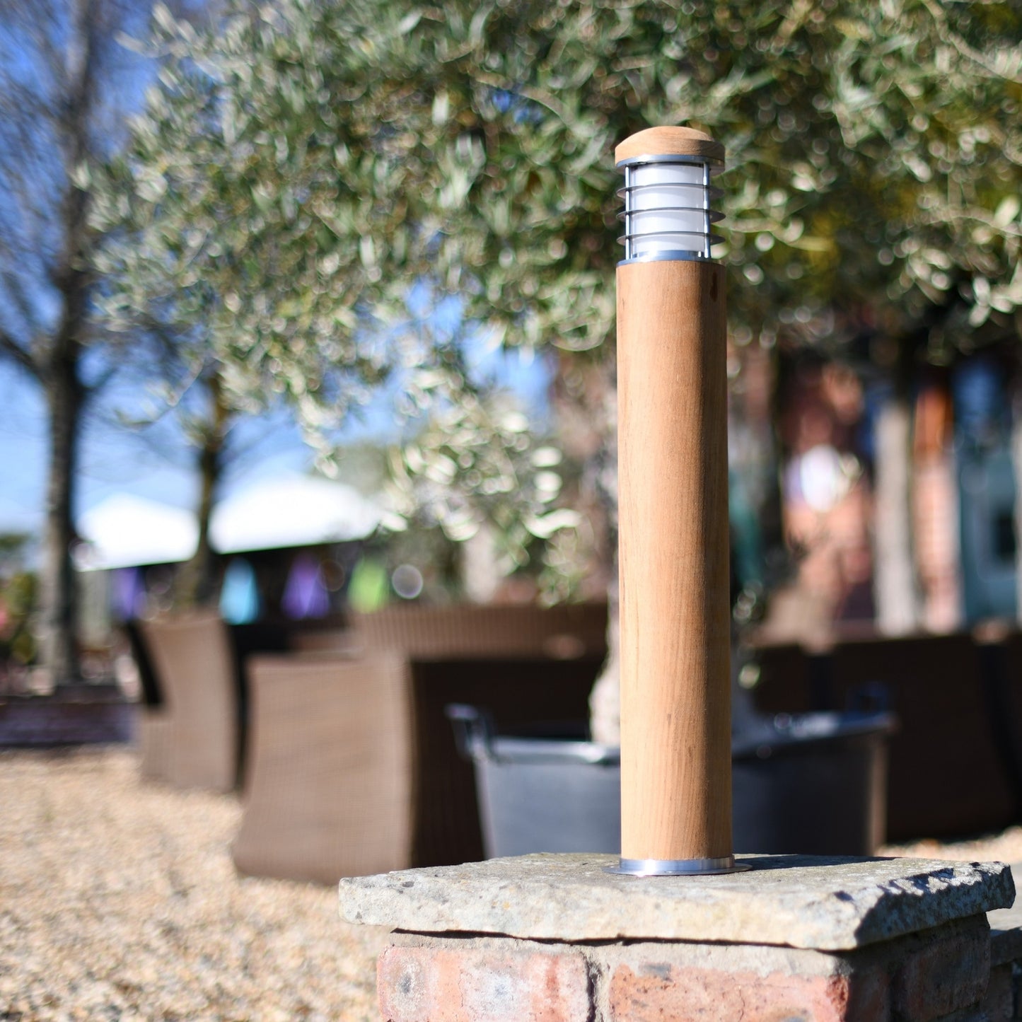 Installed Teak and Stainless Steel Driveway Bollard Light