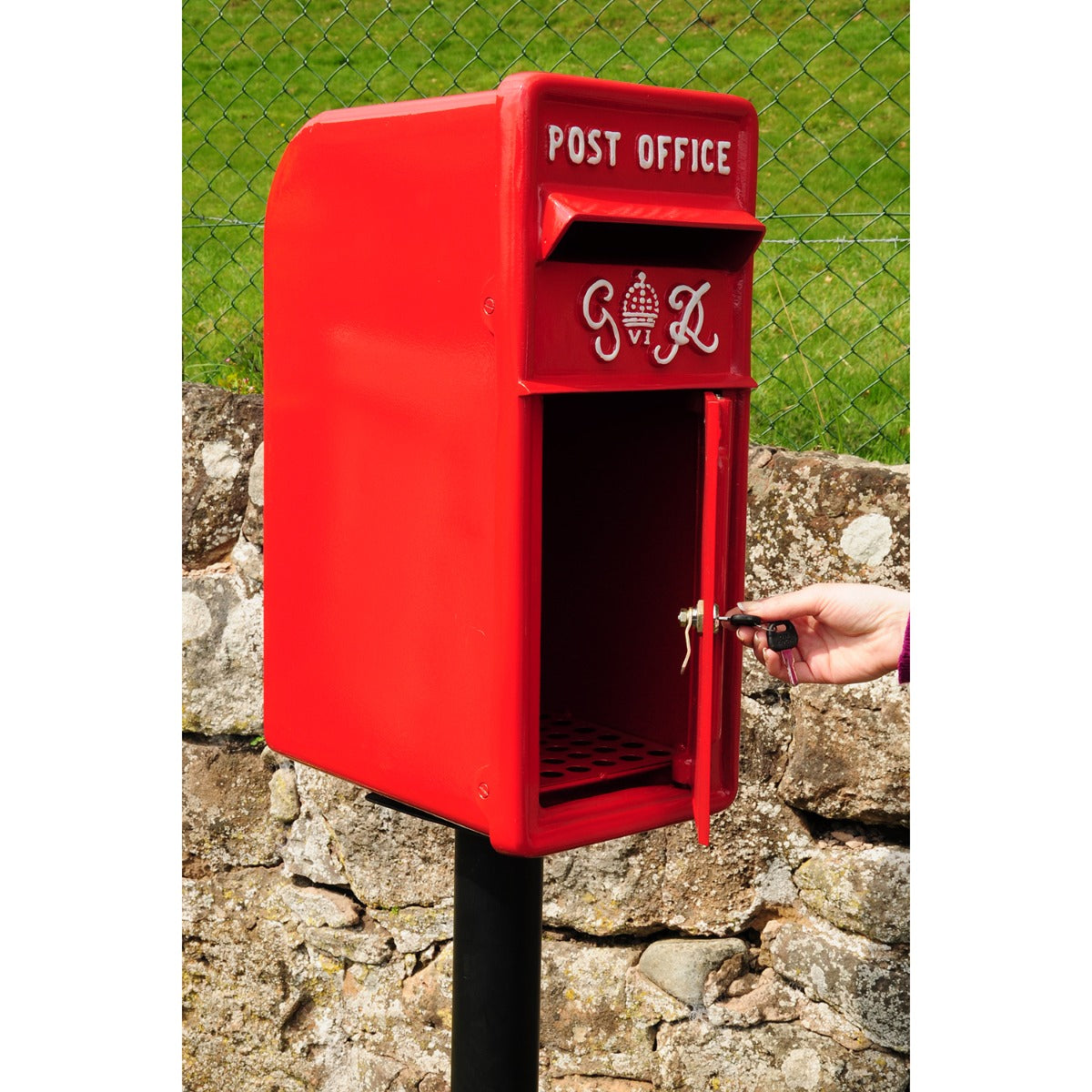 King George Rex Post Box in Red with a Front Opening Door