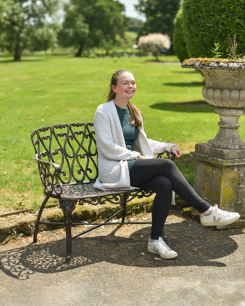 Life size scale of the bronze heart bench