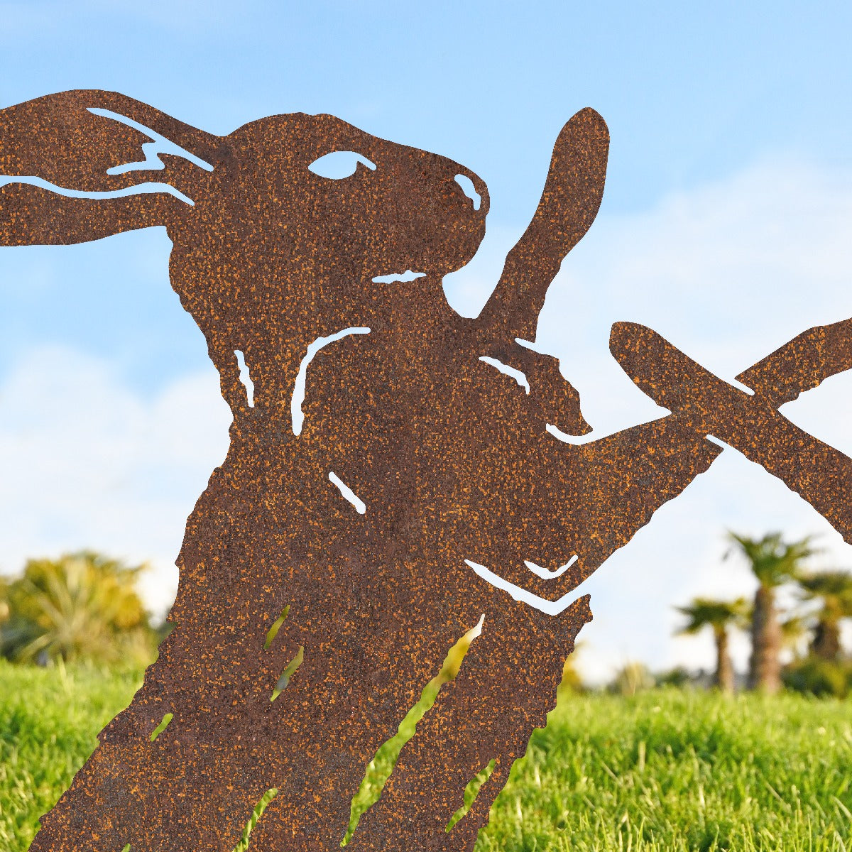 Rustic Large Boxing Hares Garden Sheet Steel Silhouette Close Up