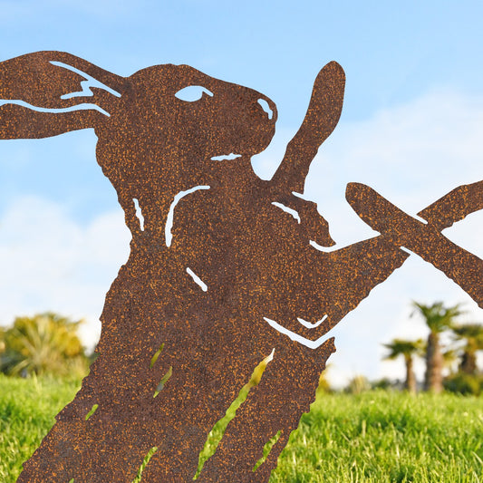 Rustic Large Boxing Hares Garden Sheet Steel Silhouette Close Up