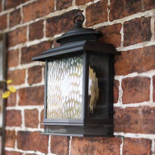 Large Bronze Finish Exterior Wall Lantern With Rain Glass