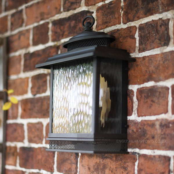 Large Bronze Finish Exterior Wall Lantern With Rain Glass