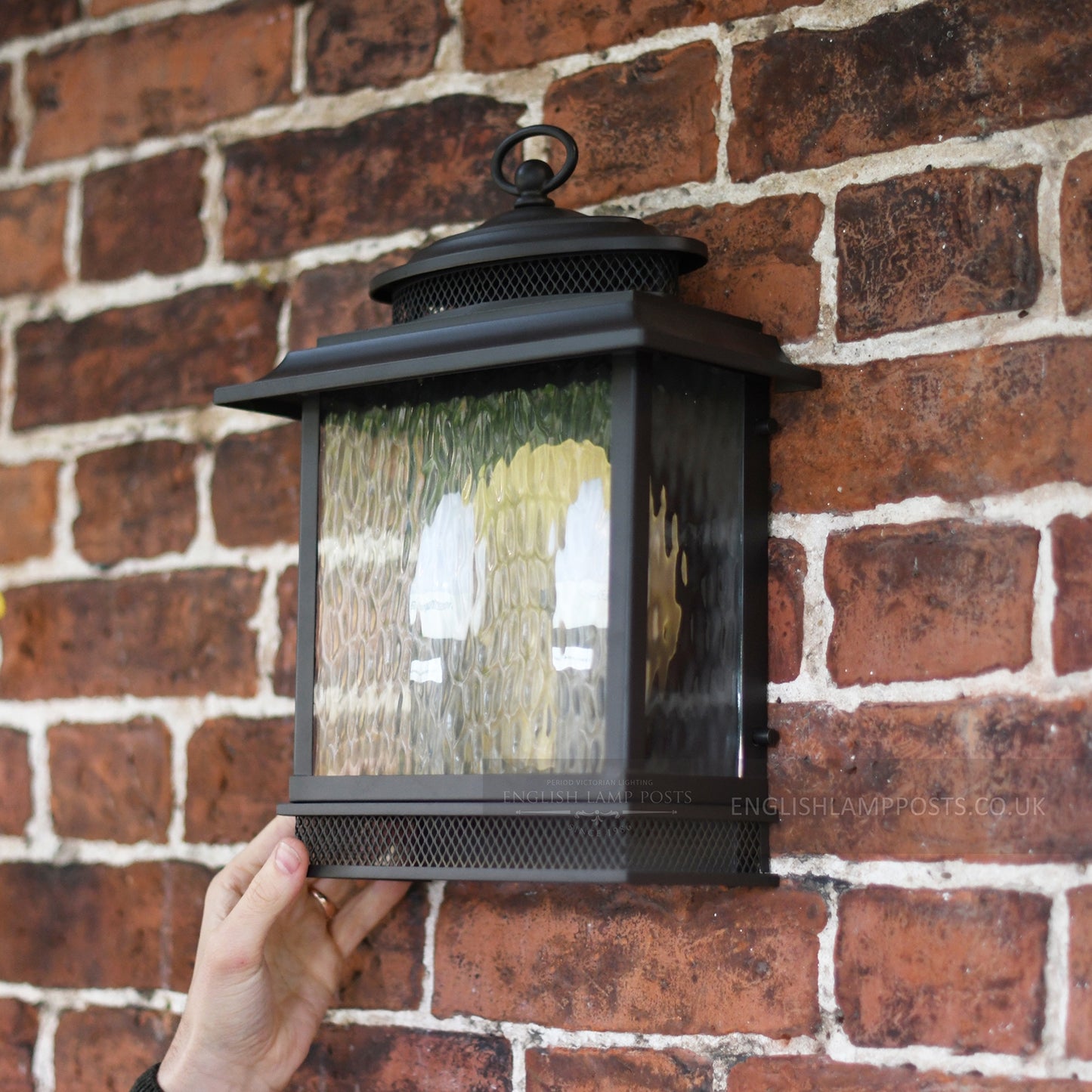 Large Bronze Finish Exterior Wall Lantern With Rain Glass