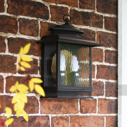 Large Bronze Finish Exterior Wall Lantern With Rain Glass