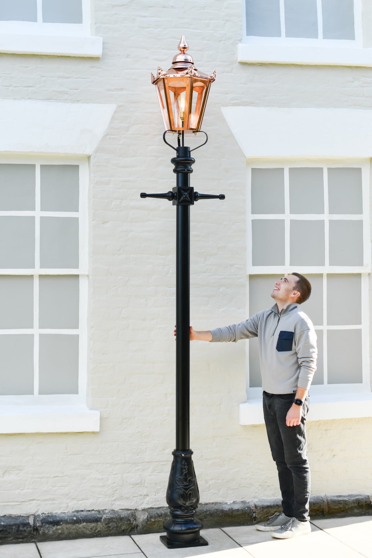 Life size scale of the copper hexagonal lamp post