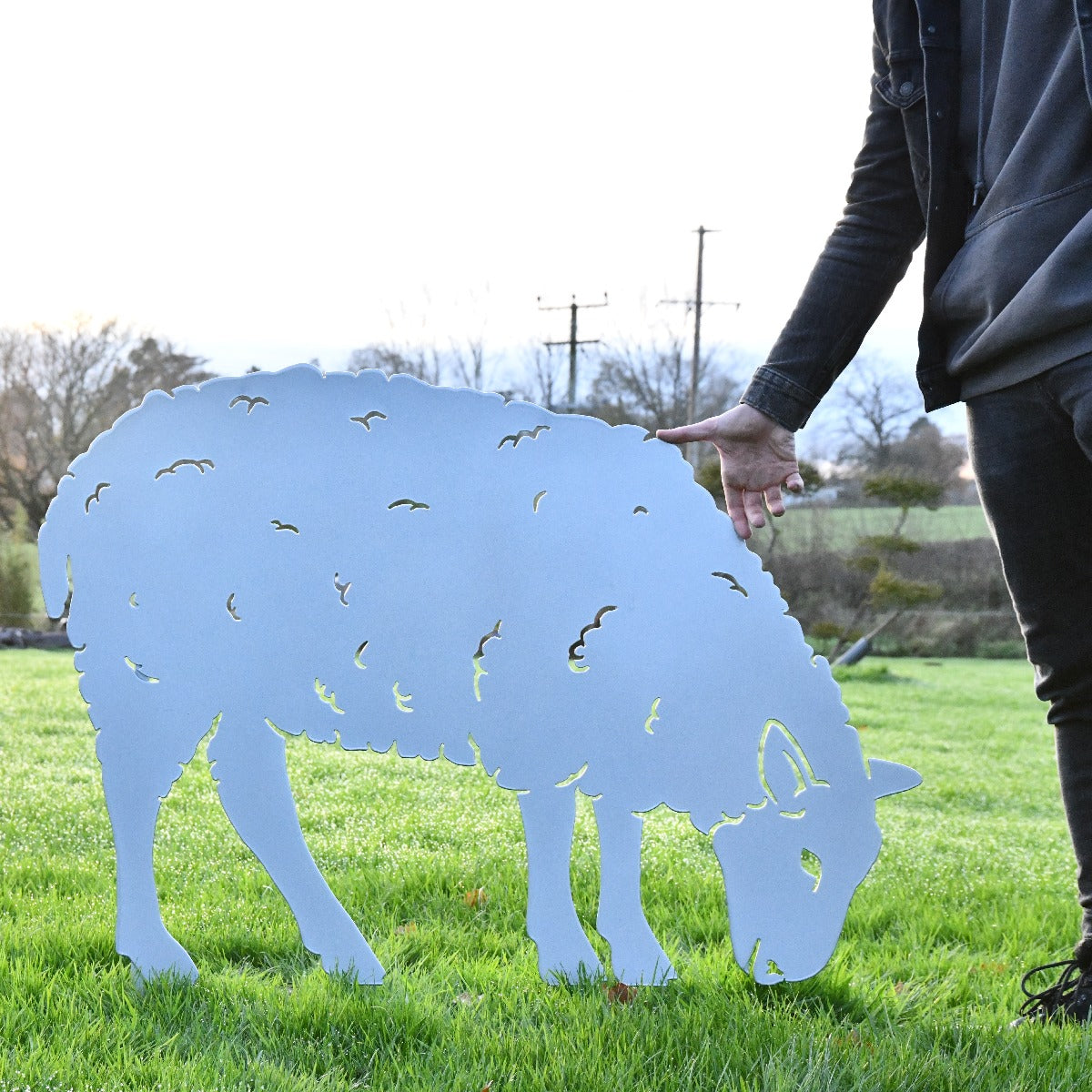Feeding Ewe Sheep Garden Sheet Steel Silhouette In Silver Scale