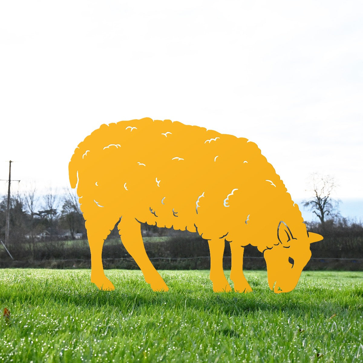 Yellow Feeding Ewe Sheep Sheet Steel Silhouette In Garden Setting