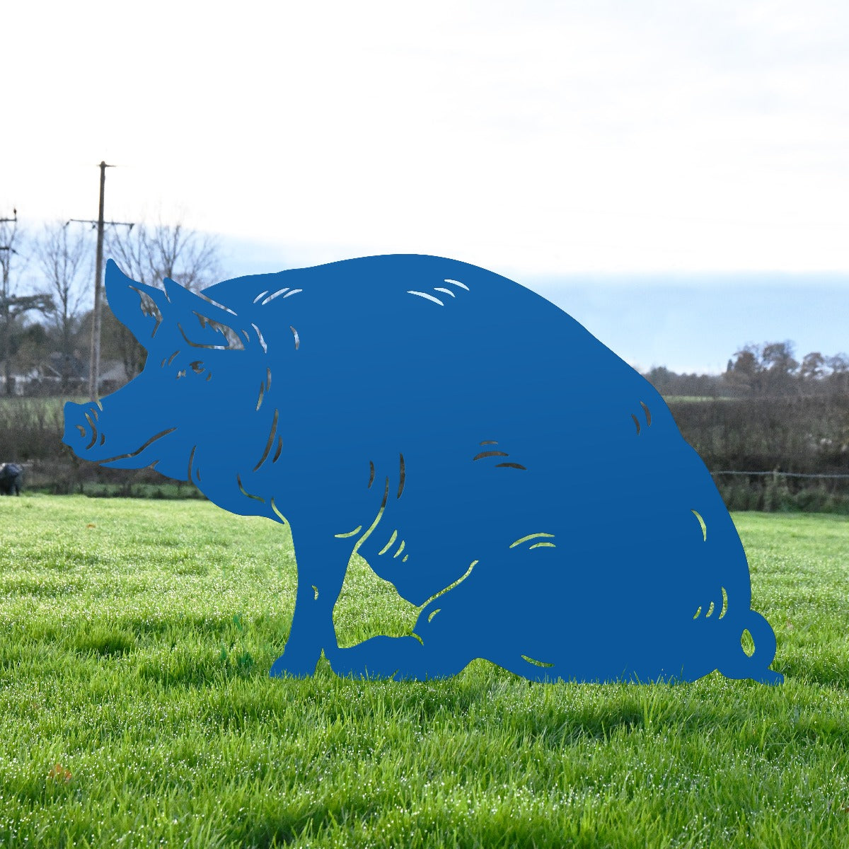 Large Sitting Pig Garden Sheet Steel Silhouette In Blue