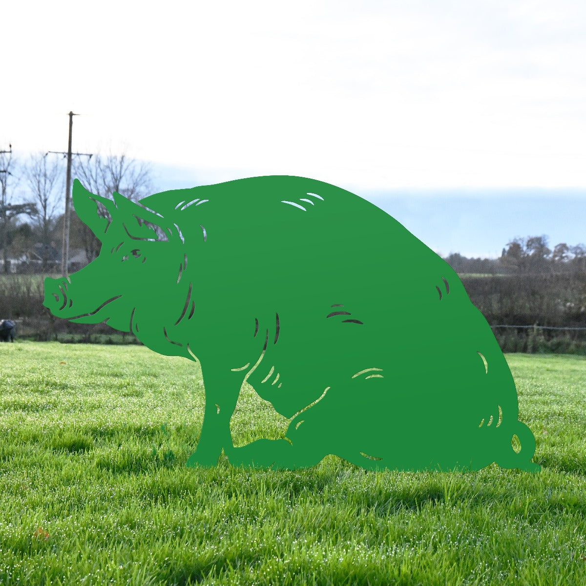 Large Sitting Pig Garden Sheet Steel Silhouette In Green