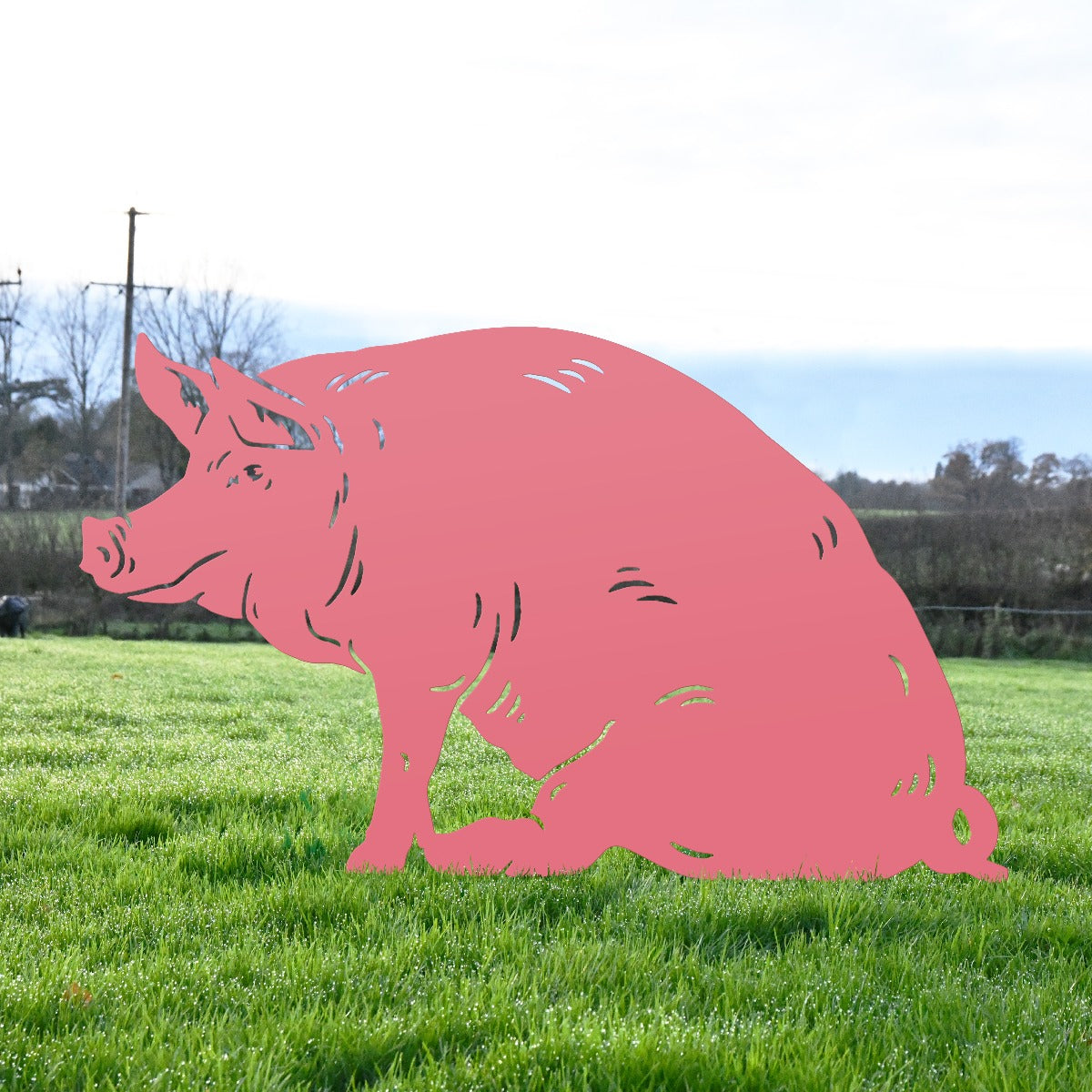 Large Sitting Pig Garden Sheet Steel Silhouette In Pink