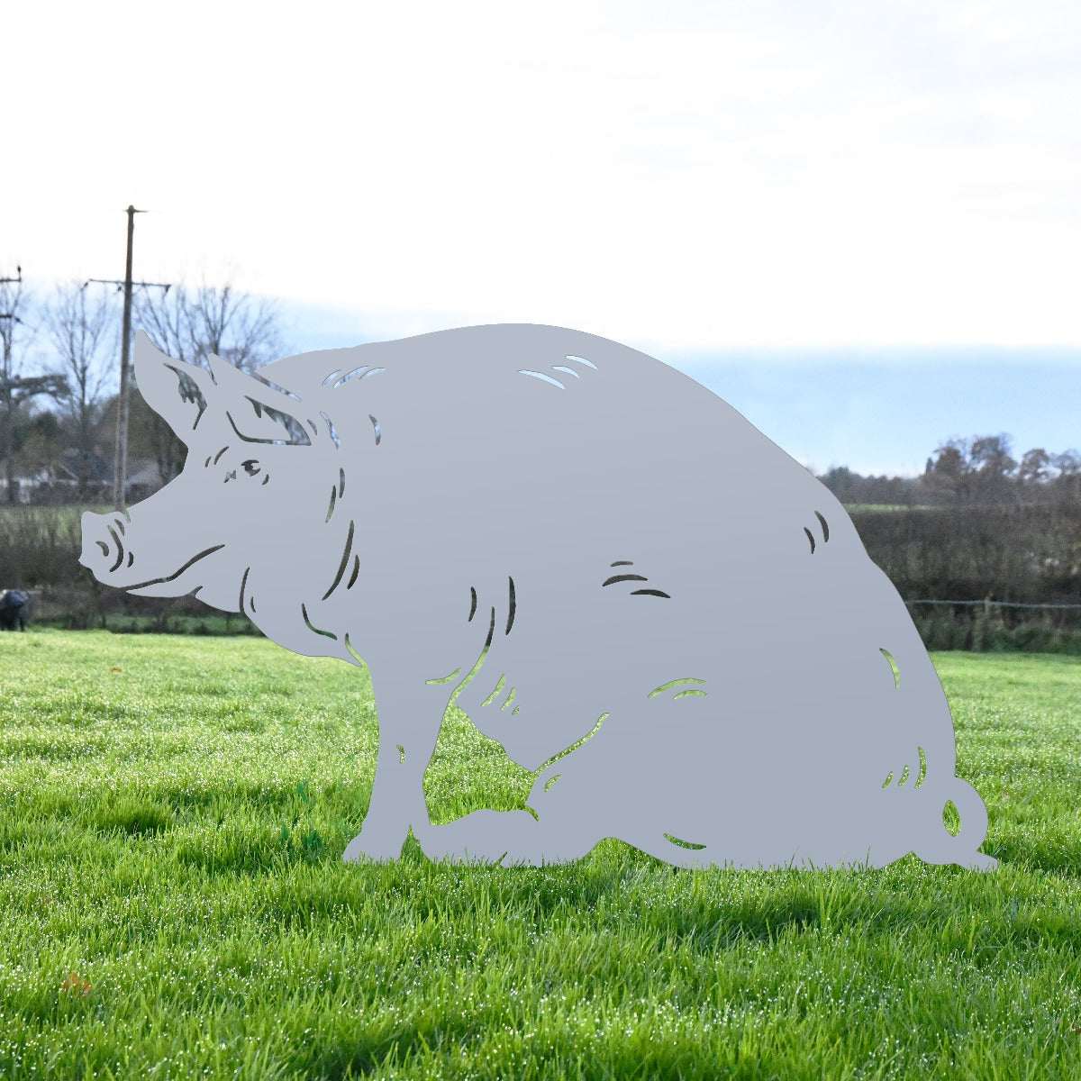 Large Sitting Pig Garden Sheet Steel Silhouette In Silver