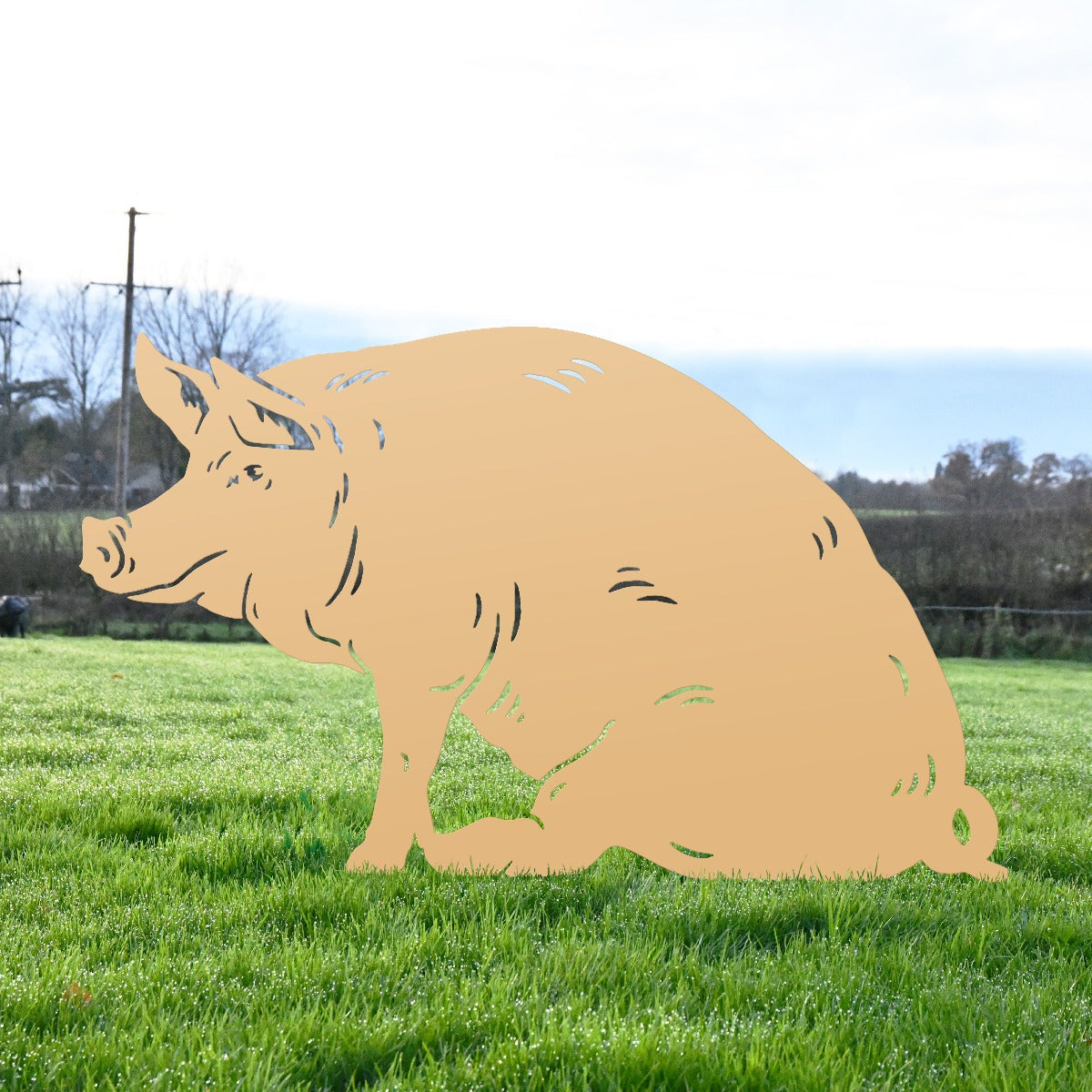Large Sitting Pig Garden Sheet Steel Silhouette In Tan