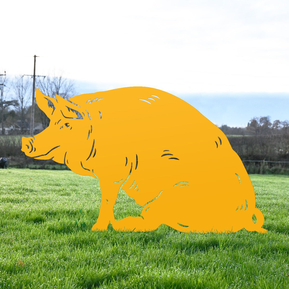 Large Sitting Pig Garden Sheet Steel Silhouette In Yellow