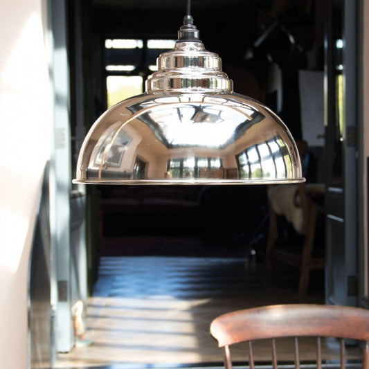 Large Polished Nickel Curved Hanging Pendant Light In Situ