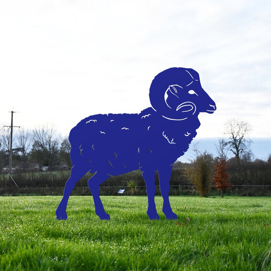 Royal Blue Ram Sheet Steel Silhouette In Garden Setting