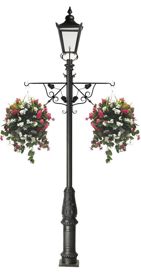 Victorian Garden Lamp Post with Ornate Flower Basket Brackets