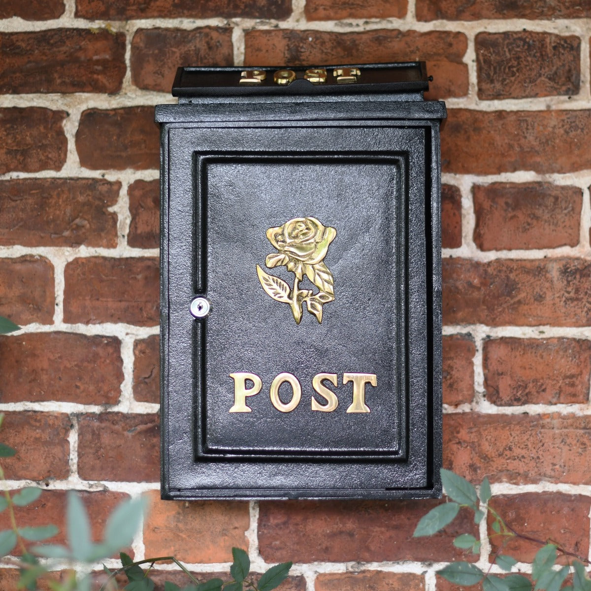 Front view of the English Rose Post Box with Polished Brass Motif and Lettering 