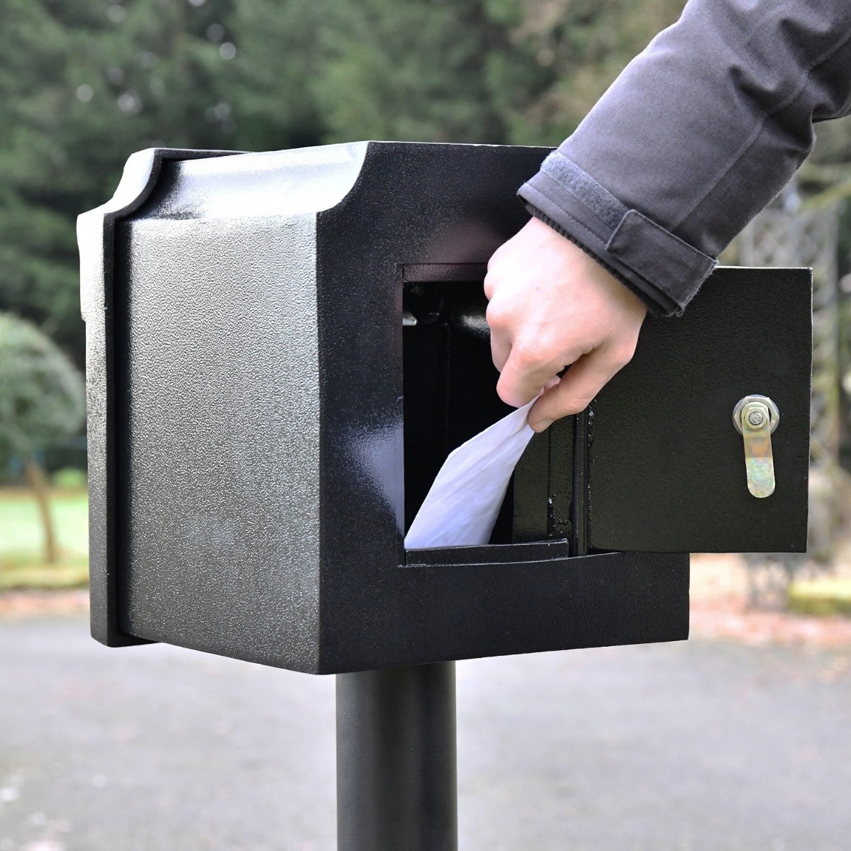 Rear view of post box with lockable door 