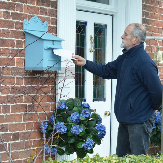 Life size scale of Sky Blue Cambourne Secure Parcel Box Wall Mount
