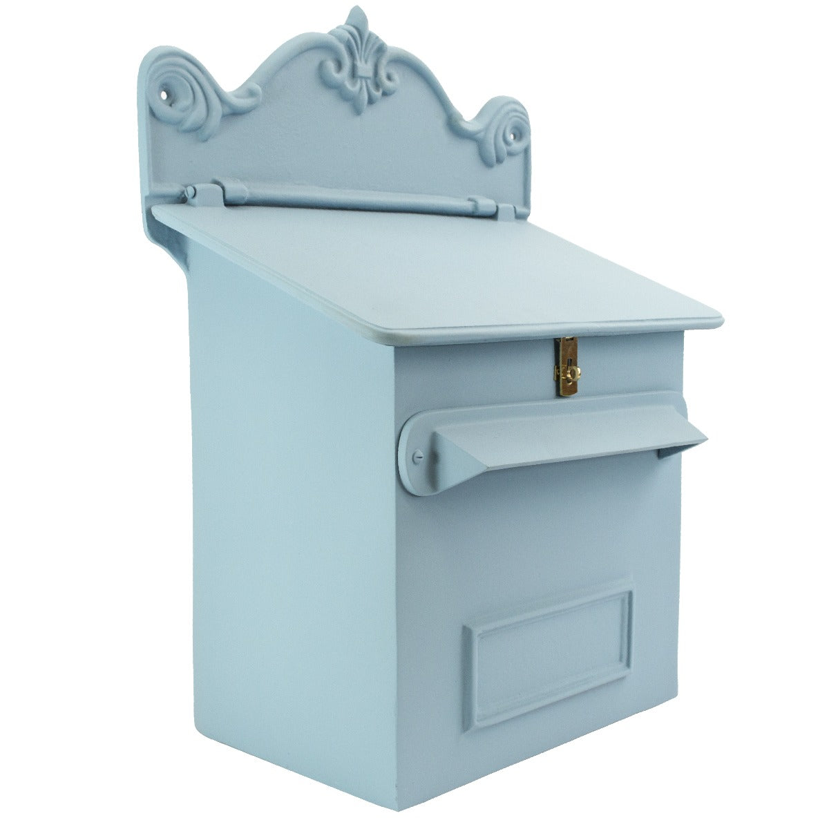 Side on view of the Sky Blue Cambourne Secure Parcel Box Wall Mount