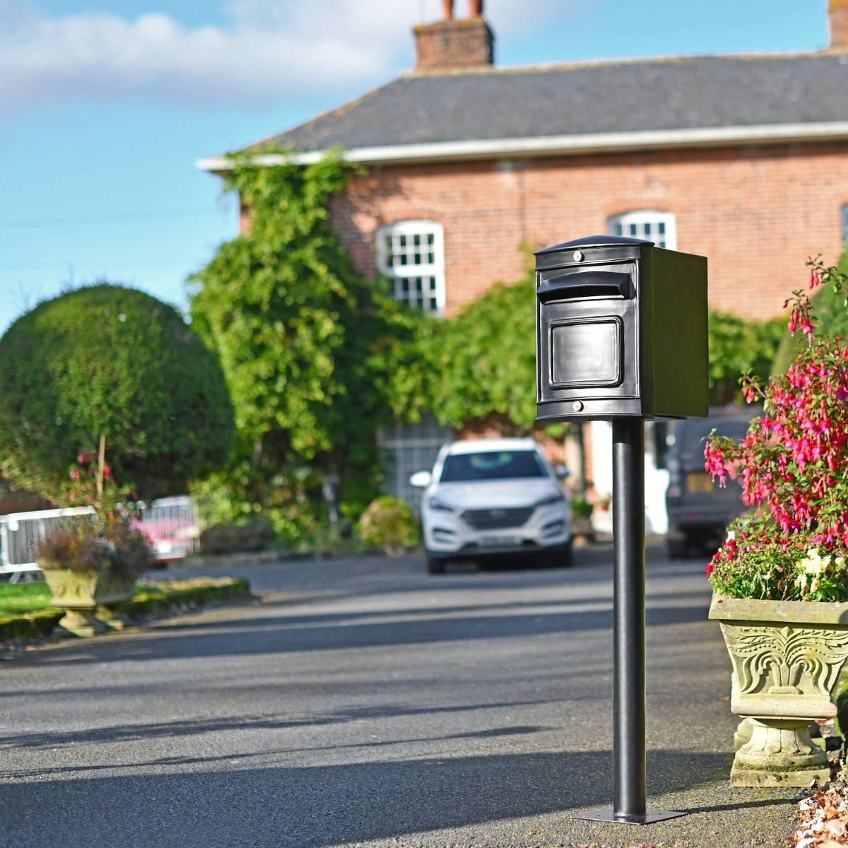 Rear Opening Stafford Post Box & Stand in driveway setting 