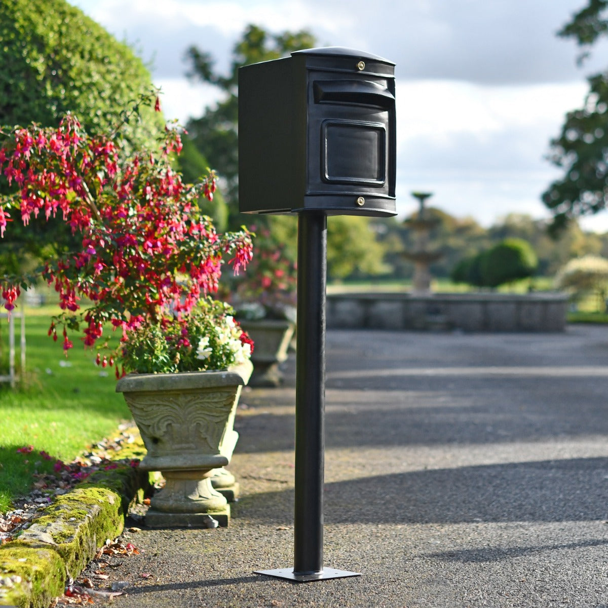 The Rear Opening Stafford Post Box & Stand in driveway setting 