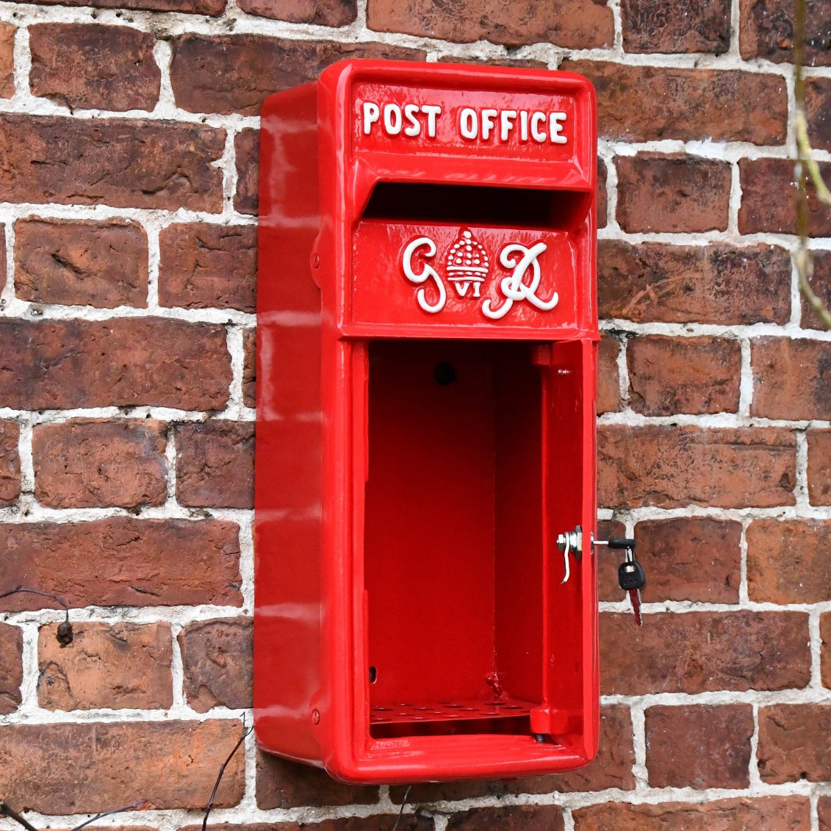 Red Slim King George Post Box with door open