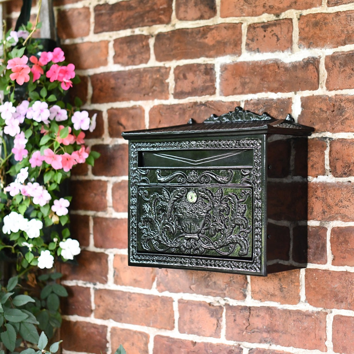 Black Ornate Victorian Wall Mounted Letter Box in Situ 