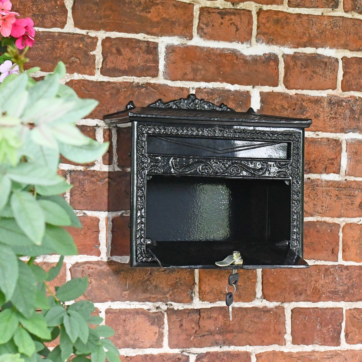Black Ornate Victorian Letter Box with lockable door open 