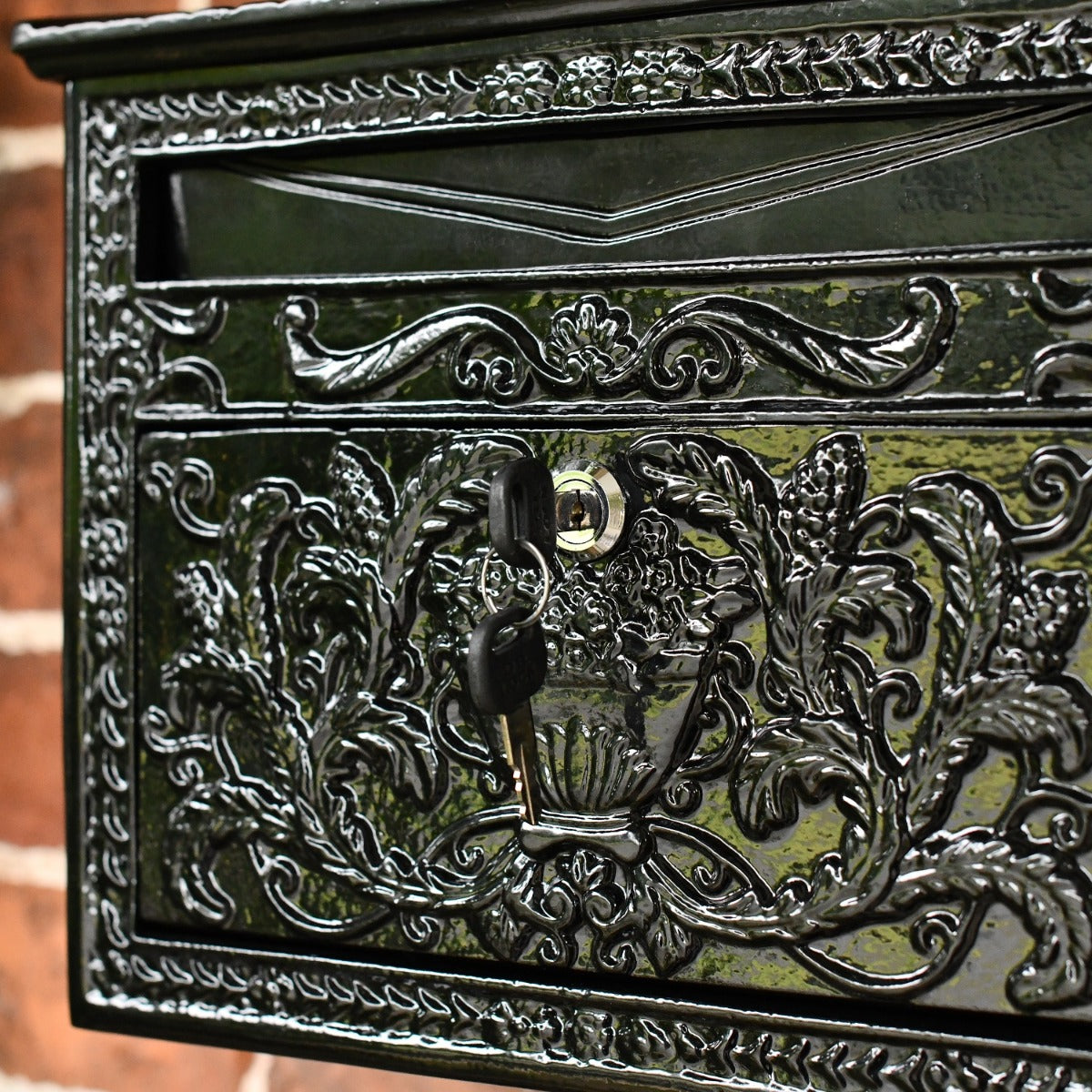 Close up of ornate decorative detailing with lock and key 