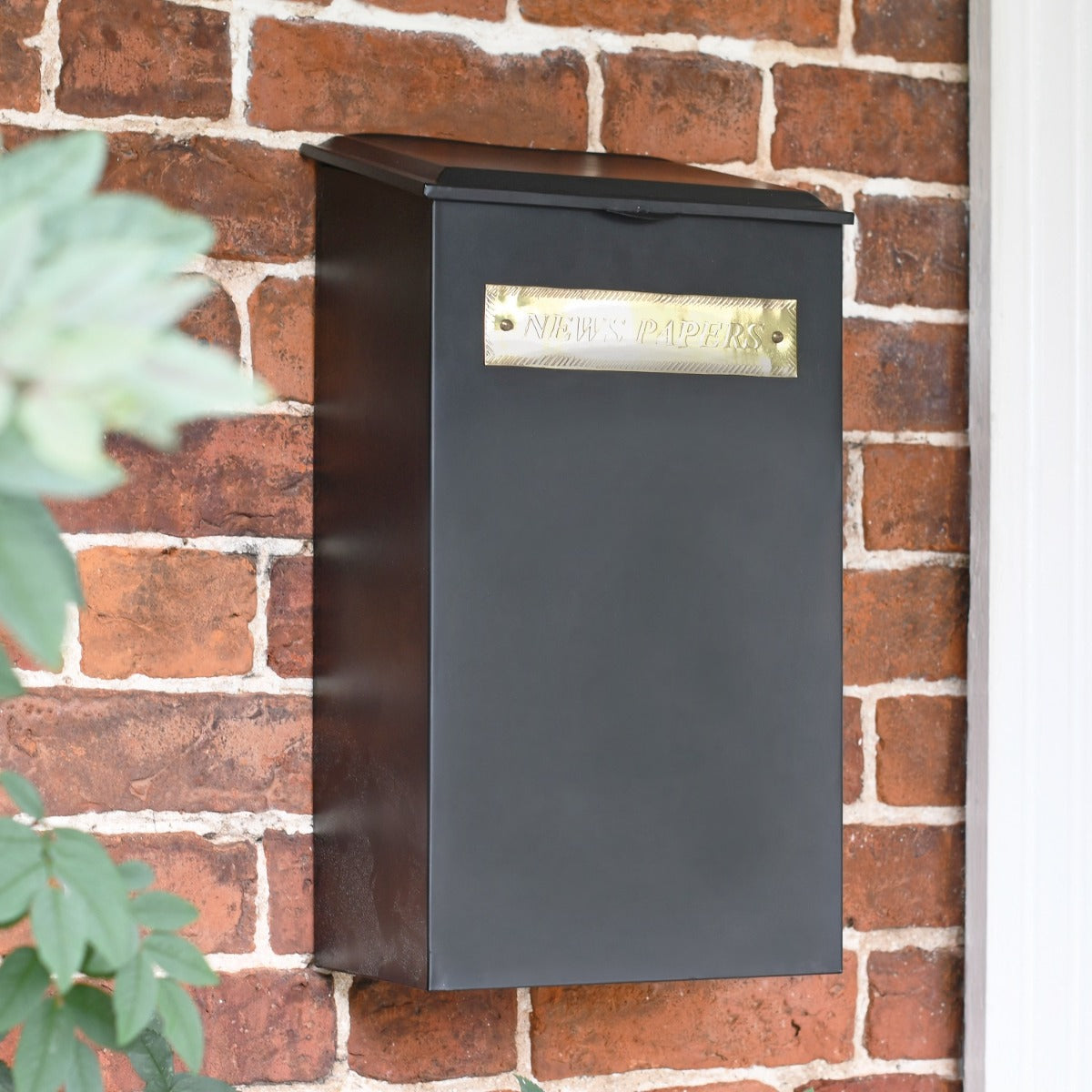 Extra Large 'Redhill' Black Newspaper Box with Brass Plaque mounted to wall 