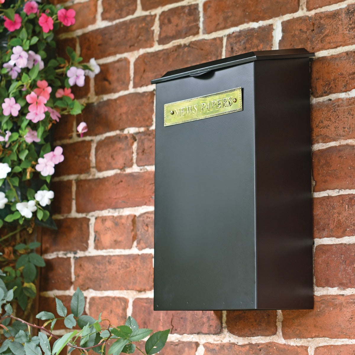 Large 'Redhill' Black Newspaper Box with Brass Plaque mounted on wall 